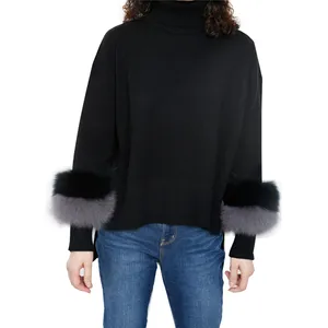 New arrival Wholesale Turtleneck Knit real fur trim black knit jumper Ladies women sweater with fur