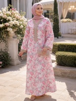 Gaun Maxi Modis Lengan Panjang Kerah V Bermotif Digital dengan Embos untuk Sehari-hari dan Acara Sosial & Lebaran, Bahan Polyester Abaya