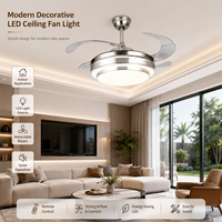 Kipas Angin Plafon LED DC Motor Retractable Modern 42 Inch dengan Lampu, Baling-Baling Transparan, Finishing Nikel Brushed untuk Villa, Ruang Tamu, Kamar Tidur