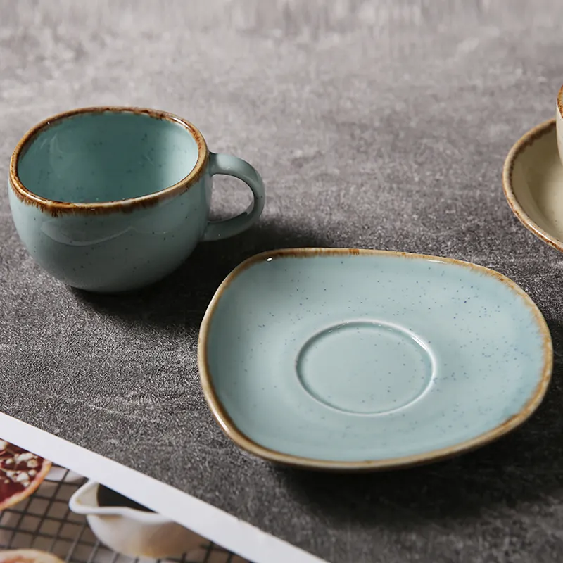 WEIYE Großhandel Keramik Reactive Glaze Kaffeetassen Espresso glasierte Keramik Tee tasse Unregelmäßige Form Tasse mit Untertasse