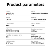 Yesido kabel Data 1.2 Meter 18W, USB ke tipe-c ulir fleksibel CarPlay berlaku paduan seng CA135C