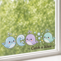 Autocollants personnalisés imperméables en PVC vinyle, motif baleine et vague océanique Kawaii, autocollant décoratif électrostatique imprimé UV pour fenêtre et verre