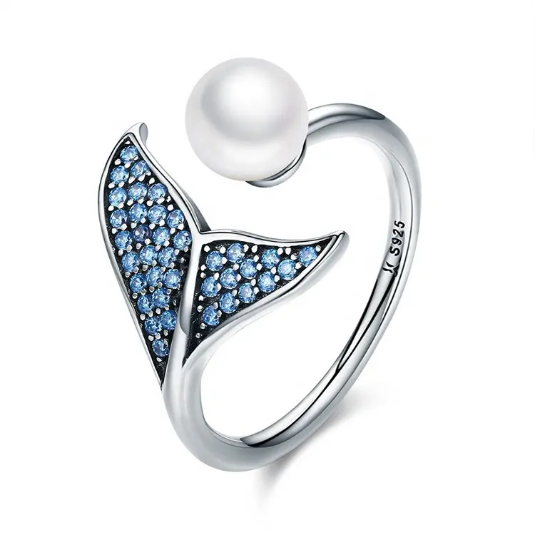 En çok satan 925 ayar gümüş mavi kuyruk CZ inci açık yüzük mücevherat hediye kadınlar kızlar için