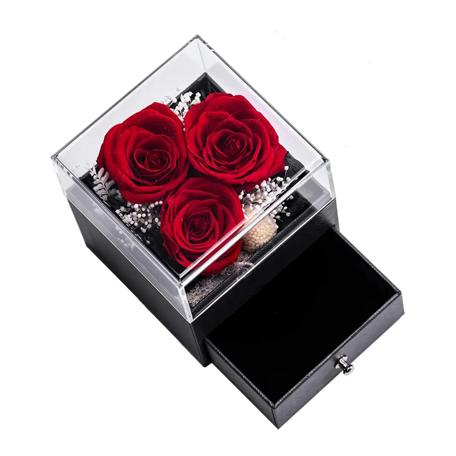 Custom Romantic Everlasting Forever Roses Preserved Clear Acrylic Ring Rose Box
