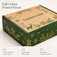 Boîte d'expédition en carton ondulé personnalisée avec logo de Noël, couvercle à rabat, conception à plat et découpe monobloc pour l'expédition e-commerce