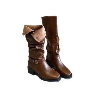 Foldable Cuff Western <strong>Boots</strong> Women <strong>Slouch</strong> Stacked Chunky Heel Mid Calf Rider Factory Wholesale - Product Image 4