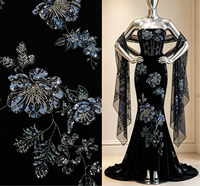 Tissu en velours cinq couleurs à motifs floraux végétaux brodés, avec paillettes bleues irisées, de poids moyen, pour automne-hiver, mariage, style rétro
