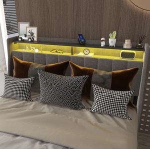 Full Size <b>Bed</b> Frame with <b>LED</b>, 4 Under-<b>bed</b> Portable Storage Drawers, Wings Headboard Design, Light Grey - Product Image 2