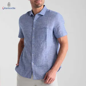 Giantextile Custom Made Hot Sale Men's Shirt Cotton Linen Best Quality Short Sleeve Blue Solid Comfortable Shirt For Men