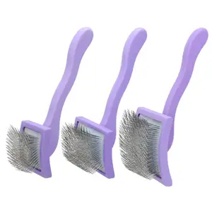 Wholesale Large Coral GroomGrip Coating Curved Wooden Pet Grooming Tool Long Stainless Steel Pin Dog Slicker Brush Cat Comb