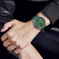 Montre Chronographe d'Aviation Tendance Homme, Bracelet en Cuir Vert, Aiguille Avion Lumineuse, Montre à Quartz avec Guichet de Date