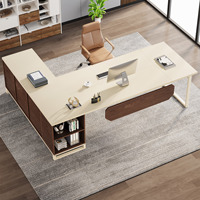 Bureau d'ordinateur exécutif en L contemporain de 70,8 pouces avec armoire de rangement et étagères en bois et métal pour bureau à domicile