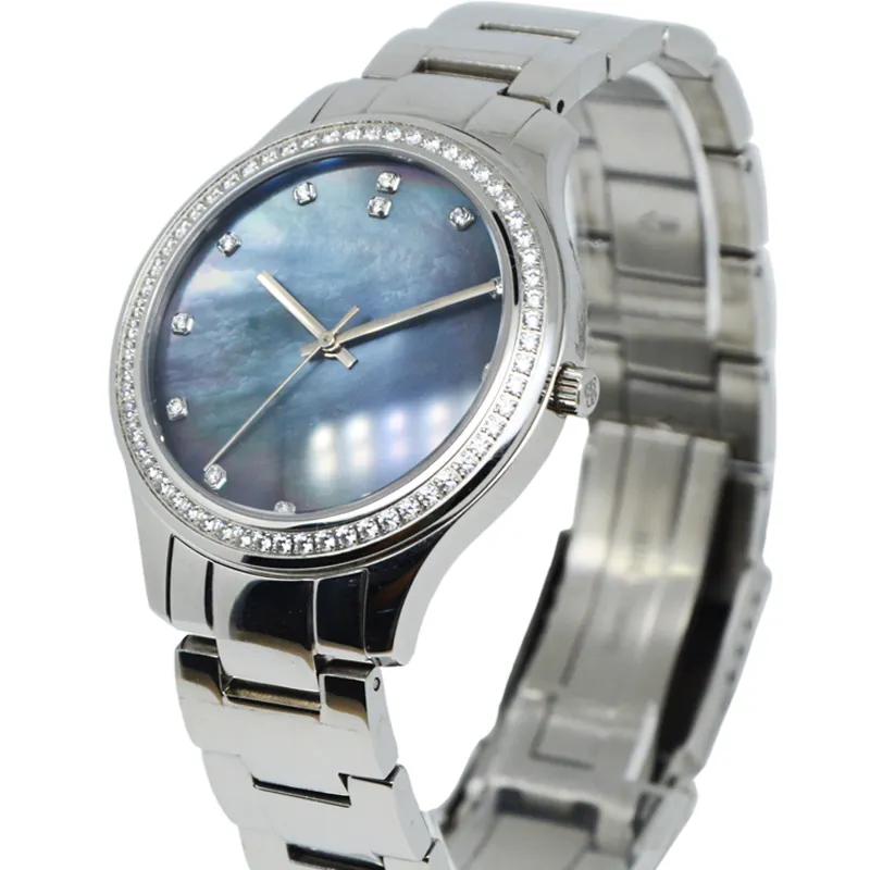 Stainless Steel Black Mother Of Pearl Dial Fake Diamond Xxcom Branded Watch Custom Quartz Watches