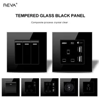 USB שקע Reva REVA שחור זכוכית אוניברסלי לוח 13a בריטי שני-עמדת שקע 20A מתג האיחוד האירופי