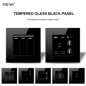 ซ็อกเก็ตอเนกประสงค์ USB Reva REVA แผงกระจกสีดำ Universal 13a ซ็อกเก็ตสองตำแหน่งของอังกฤษสวิตช์20A ของสหภาพยุโรป