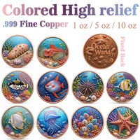Pièce de monnaie en cuivre pur 999 de 1 oz, série Monde sous-marin 3D en relief UV, édition collector colorée