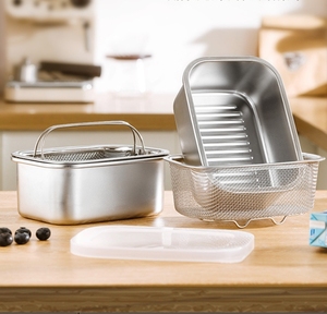 304ステンレス鋼ディープバットコランダーPE蓋付き電子レンジ対応お弁当箱冷蔵庫用 - Product Image 1