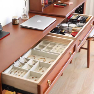 Retro Style Dressing <b>Table</b> With Storage Cabinet For Bedroom <b>Makeup</b> Vanity Vintage Black Wood Finish Six Drawer Design - Product Image 3