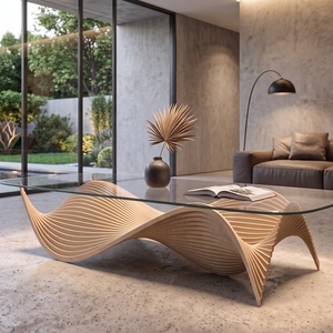 Table basse contemporaine en bois avec plateau en verre trempé, meubles de salon modernes faits à la main - Product Image 4