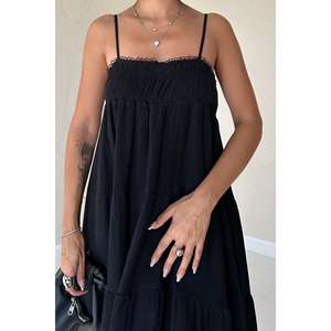 Robe longue noire à bretelles fines et dos nu, taille élastique, en tissu ample et respirant, pour un style décontracté quotidien - Product Image 2