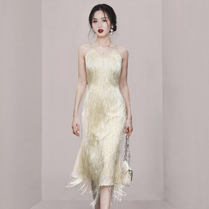 2023 estate nuove donne cinturino con frange vestito Sexy avvolgere la vita mostra vestito lungo francese sottile - Product Image 1