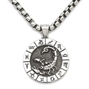 Personalized Wholesale Jewelry Custom Horoscope Coin Pendant Vertical Zodiac Sign Zodiac Necklace Antique Silver Stainless Steel
