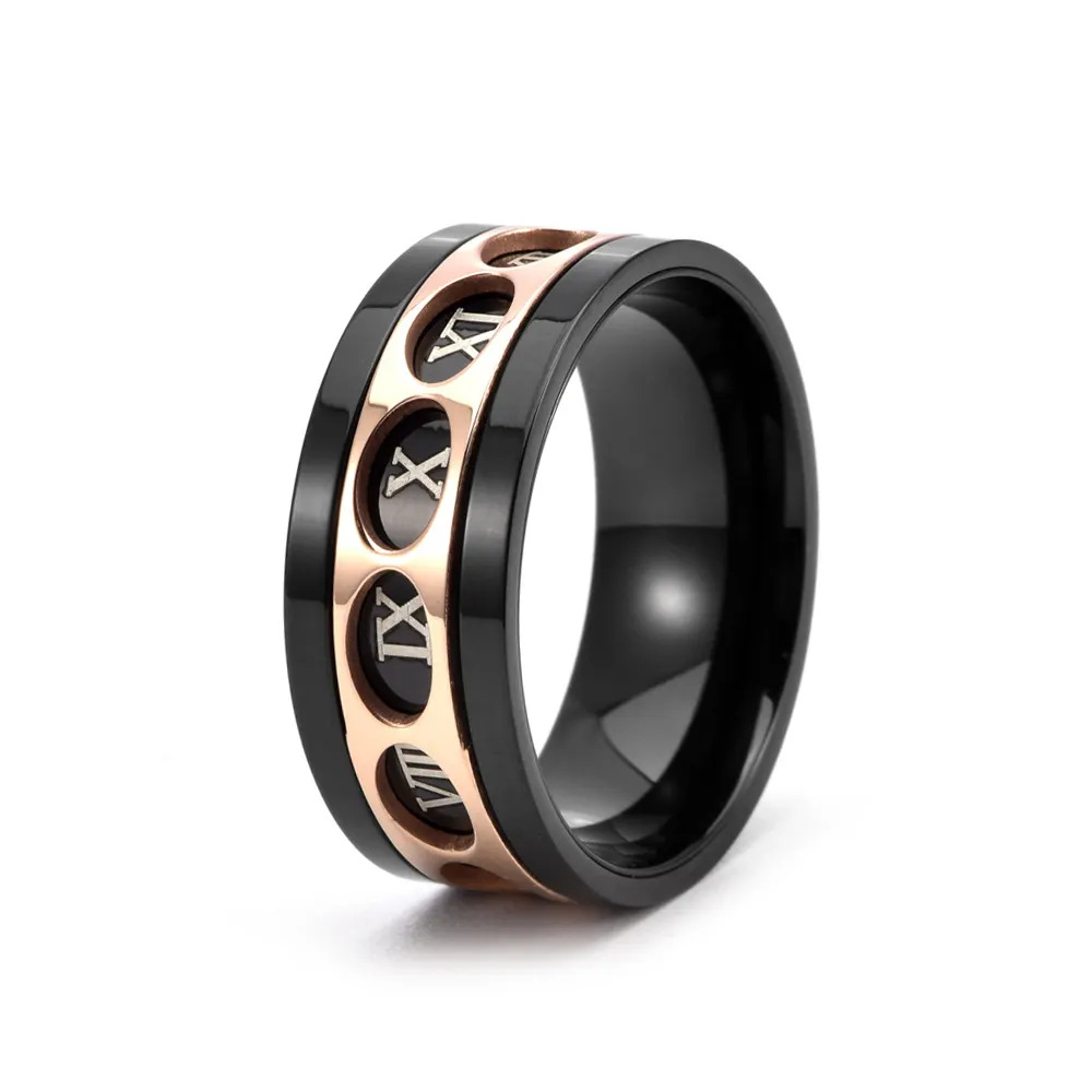 9mm titanium steel ring rose gold black blue double color hollow Roman numerals rotatable stainless steel ring finger rings 601
