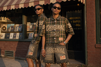 Ensemble 2 pièces personnalisé de haute qualité : Chemise à carreaux avec logo et short en jean, orné de strass, boutons décoratifs, survêtement court pour homme