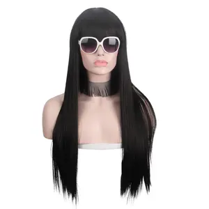 ANXIN Wig rambut sintetis lurus panjang wanita, Wig poni pinggiran hitam panjang