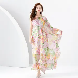 Printemps été 2024-vacances hors épaule à volants longue robe imprimée large-swing nouvelle robe florale Maxi femmes robe plage été robe Ch