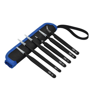 Stainless steel tweezers 6-piece set, <b>canvas</b> bag set, 6 tweezers, anti-static, for electronic repair (ESD), curved tip. - Product Image 2