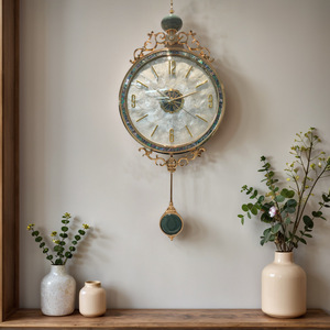 European Style Wall <b>Clock</b> Round Metal Silent Quartz <b>Clock</b> <b>Battery</b> Powered Home Decoration Living Room <b>Clock</b> - Product Image 1