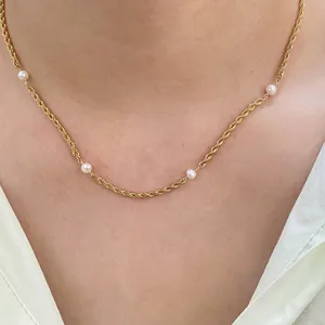 Twist Rope Chain Süßwasser Perlenkette Edelstahl Natural Pearl Halskette für Frauen Custom Jewelry Manufacturers China
