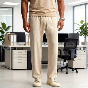 <span class=keywords><strong>Pantaloni</strong></span> Eleganti Estivi da Uomo su Misura OEM, Stile Vintage in <span class=keywords><strong>Lino</strong></span> con Coulisse, Gamba Dritta, Chino Formale per Completo - Product Image 3