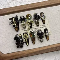 Faux ongles en acrylique faits à la main, effet papillon noir, longueur moyenne, couvrance totale, pour femmes