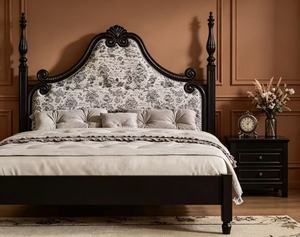 Premium Queen Size Black Wood Spindle <b>Bed</b> With Floral Upholstered Ornate Headboard For Bedroom - Product Image 3