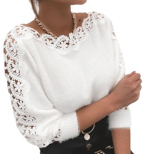 Pull en tricot blanc avec bordure en dentelle, épaules dénudées, coupe ajustée, haut pour femme, style Europe et Amérique - Product Image 5