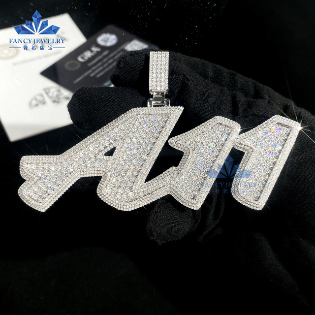 Logo Custom Hip Hop Jewelry Iced Out Letter Pendant for Cuban Link Chain 925 Silver Moissanite Initial Letter Number Pendant