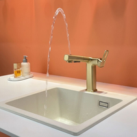 Robinet de lavabo de luxe carré en laiton brossé doré, mitigeur d'eau chaude et froide, avec douchette extractible pour salle de bain