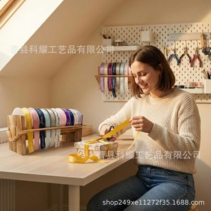 Wooden Ribbon Storage Rack Solid Wood <b>Desktop</b> Organizer Multipurpose Craft Display <b>Shelf</b> Rectangle Standing Type - Product Image 2
