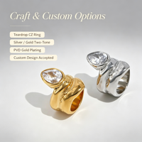 Bague en acier inoxydable double couche avec zircon en forme de goutte d'eau, vente en gros, bagues plaquées or pour femmes