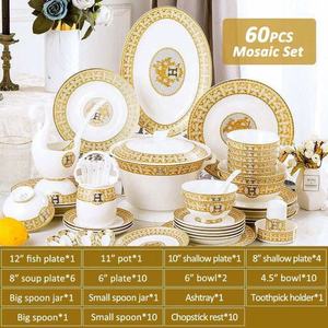 Meilleure vente Jingdezhen 60 pièces ensemble de vaisselle en porcelaine d'os mosaïque dorée de style occidental - Product Image 3