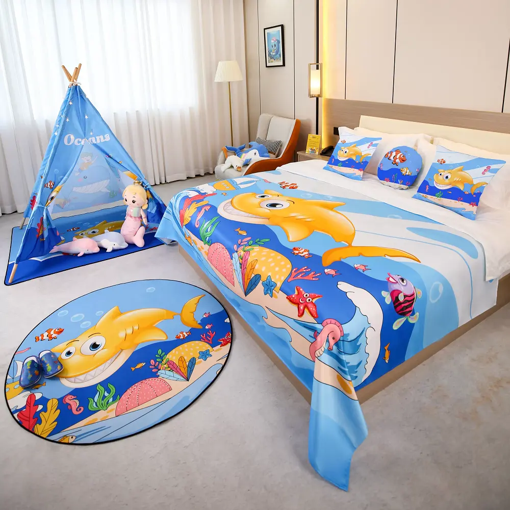 Bed covers, throw pillows, tents, floor MATS, dolls, rocking horses, hanging pictures, children's bathrobes, bath towels