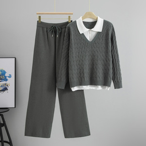 Women's Sweater <b>Pants</b> Set Knitted V Neck Collar Long Sleeve Wide Leg High Waist Casual Autumn Winter Outfit - Product Image 4