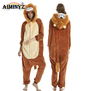 AIMINYZ Großhandel Hot Pyjamas Flanell Pyjamas Set Cartoon Cute Lion Nachtwäsche Langarm Pyjama Für Frauen Mann Erwachsene Kinder Onesie