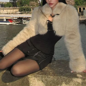 Viviblook Z0112TP Manteau court en fourrure élégant et chaud pour femme, avec boucle de ceinture, manches longues, chic, sexy, pour soirée, club, hiver - Product Image 3