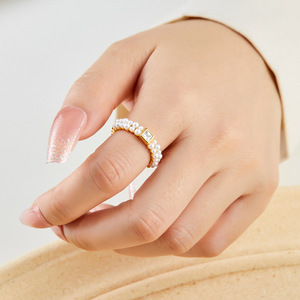 Faux Pearl Double Row <b>Open</b> <b>Ring</b> Geometric Shape Bezel Setting Adjustable Index Finger <b>Ring</b> Everyday Wear - Product Image 2