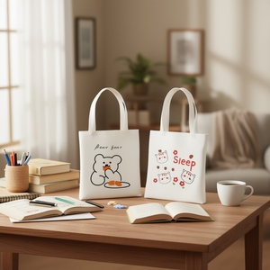 Borsa in tessuto stampato bianco 32x37 cm con simpatico design a cartoni animati per l'uso quotidiano - Product Image 1