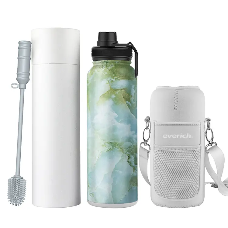 Water bottle with carry bag and cleaning insulated vacuum stainless steel metal bottle water with straw lid set
