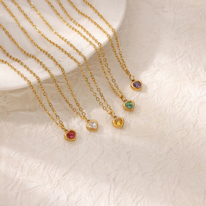 Gargantilla de piedra natal multicolor al por mayor, collar con colgante de piedras preciosas de corazón de acero inoxidable que no se deslustra a la moda para mujer - Product Image 3